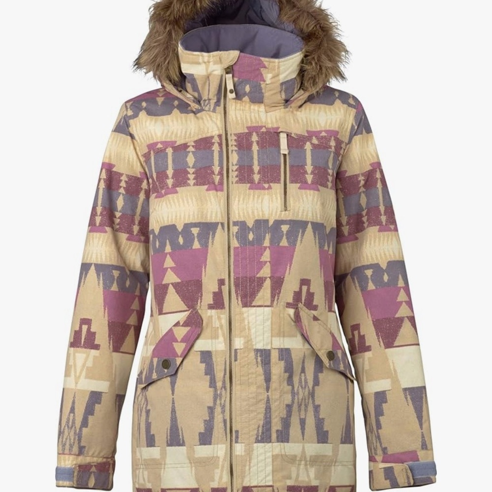 Burton Beige and Purple Geometric Ski Jacket with Fur Hood - Picture 1 of 7
